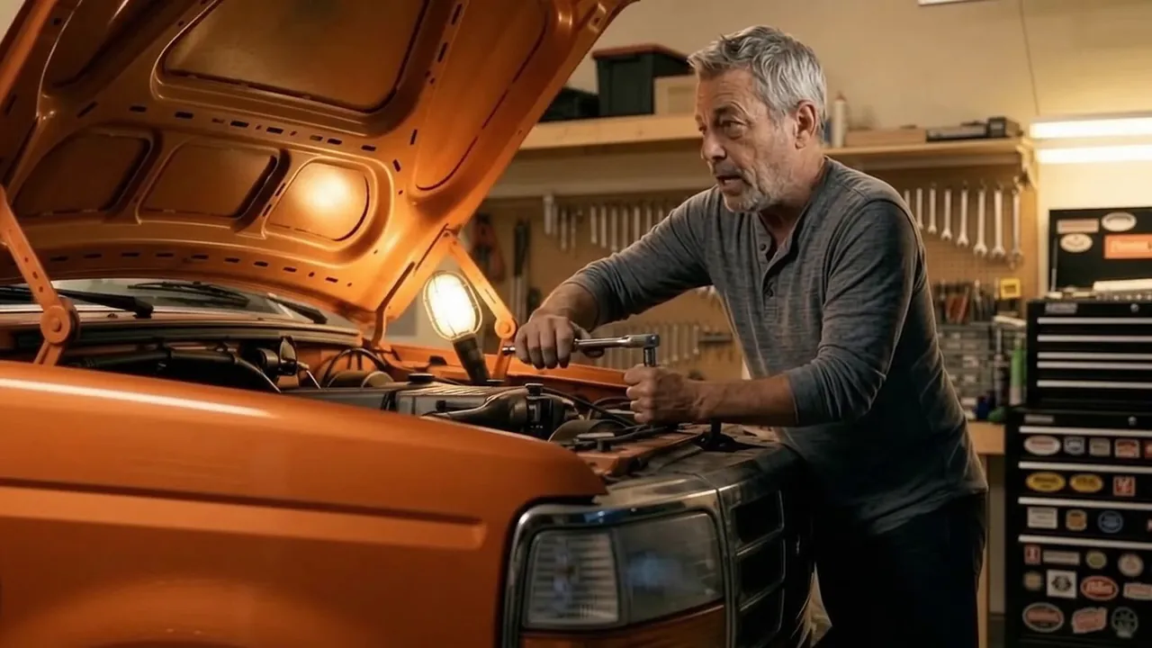 Marcus working on his orange Bronco in his garage