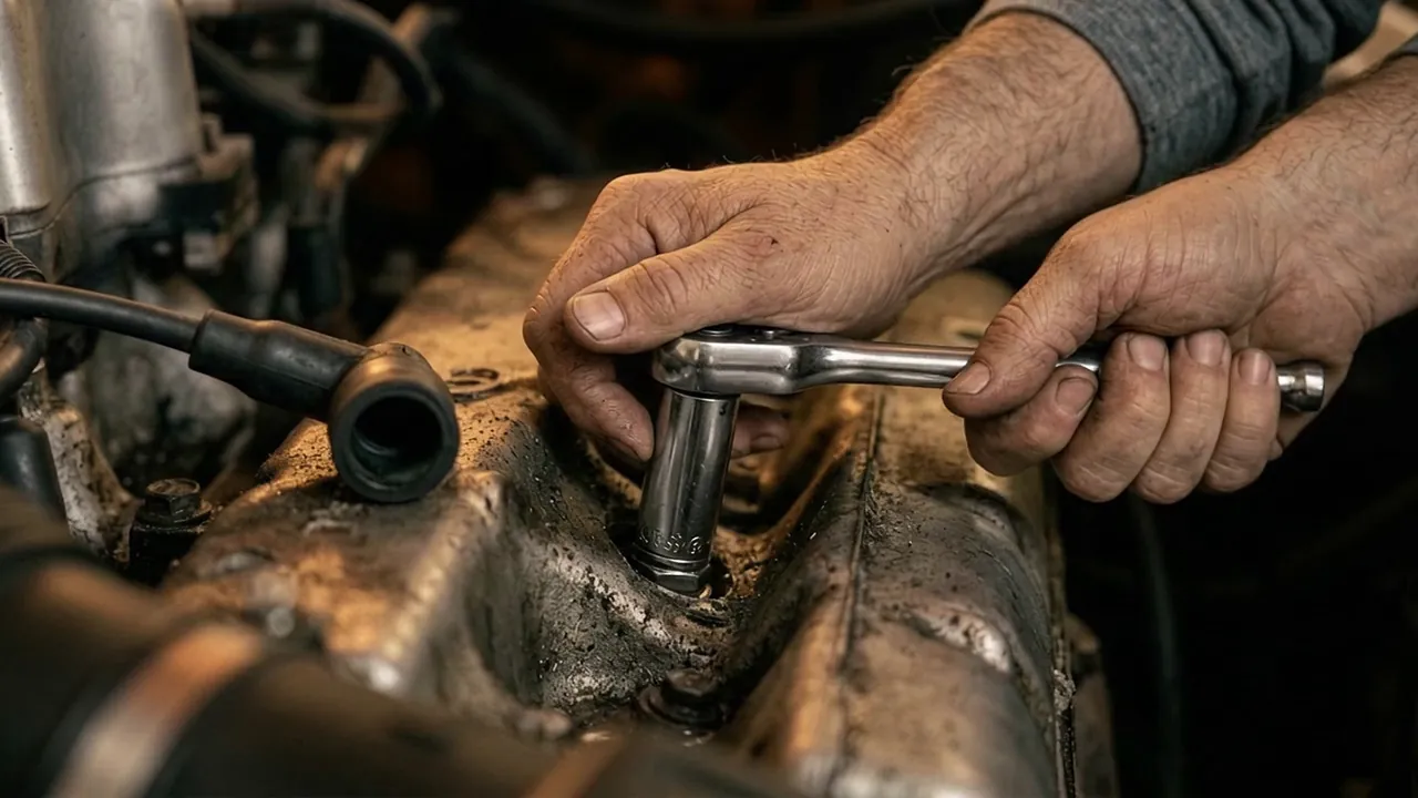 Close-up of Marcus tightening a bolt with a ratchet